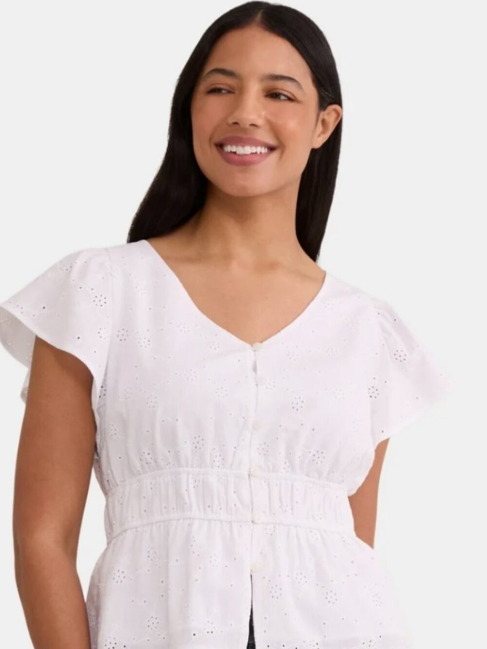 White Eyelet Peplum Blouse Flutter Sleeve Size M (8/10) - Picture 7 of 9